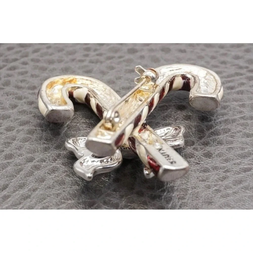 Vintage Napier Christmas Candy Cane Brooch Pin Red White Enamel Silver Tone